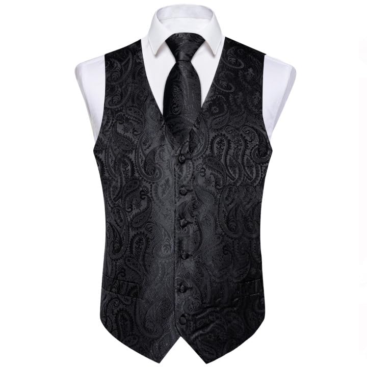 DiBanGu Mens Vest and Tie Set Formal Paisley Waistcoat and Necktie Pocket Square Cufflinks Silk Suit Vest for Tuxedo Wedding, Black, Medium - Image 2